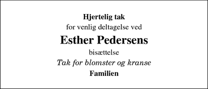 Dødsannoncen for Esther Pedersens - 4180 Sorø