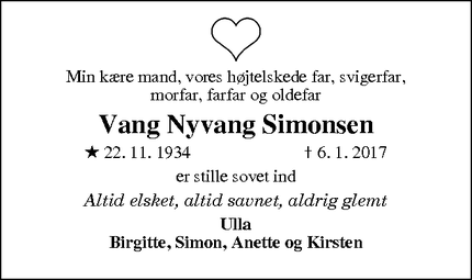 Dødsannoncen for Vang Nyvang Simonsen - Ringsted