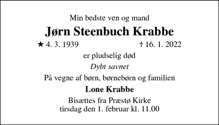 Dødsannoncen for Jørn Steenbuch Krabbe - Præstø
