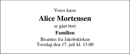 Dødsannoncen for Alice Mortensen - Roskilde