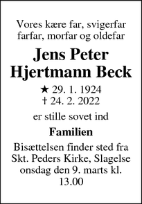 Dødsannoncen for Jens Peter
Hjertmann Beck - Sorø
