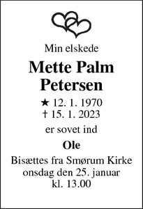 Dødsannoncen for Mette Palm
Petersen - Solrød Strand