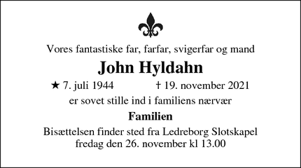 Dødsannoncen for John Hyldahn - Roskilde