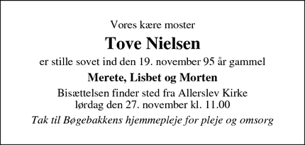 Dødsannoncen for Tove Nielsen - Allerslev, Lejre