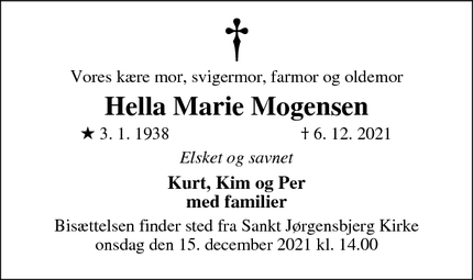 Dødsannoncen for Hella Marie Mogensen - Roskilde