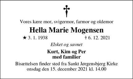 Dødsannoncen for Hella Marie Mogensen - Roskilde