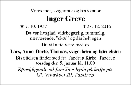 Dødsannoncen for Inger Greve - Tapdrup