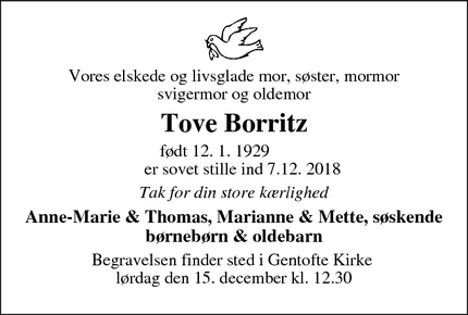 Dødsannoncen for Tove Borritz - København