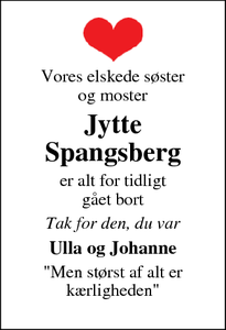 Dødsannoncen for Jytte
Spangsberg - Esbjerg