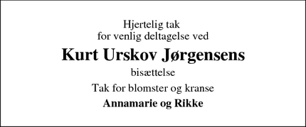 Taksigelsen for  Kurt Urskov Jørgensens  - Bryrup