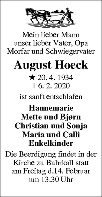 Dødsannoncen for August Hoeck - Burkal