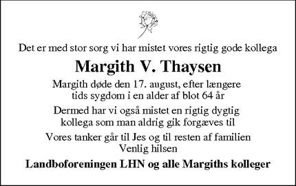 Dødsannoncen for Margith V. Thaysen - Tinglev