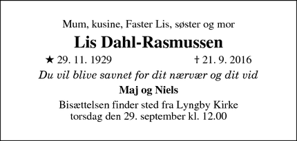 Dødsannoncen for Lis Dahl-Rasmussen - Kongens Lyngby