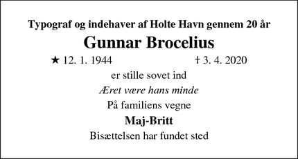Dødsannoncen for Gunnar Brocelius - Holte