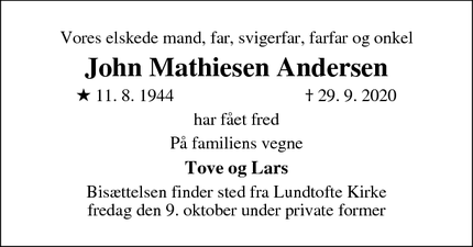 Dødsannoncen for John Mathiesen Andersen - kgs lyngby