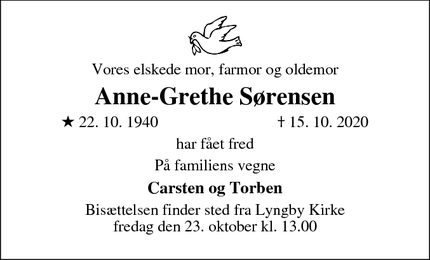Dødsannoncen for Anne-Grethe Sørensen - Kgs. Lyngby
