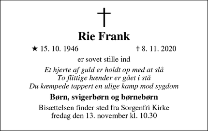 Dødsannoncen for Rie Frank - Virum