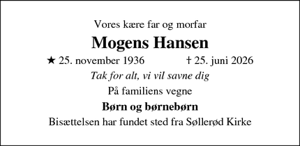 Dødsannoncen for Mogens Hansen - Holte