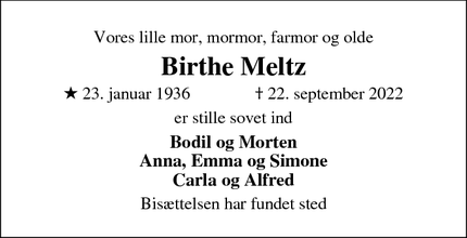 Dødsannoncen for Birthe Meltz - Nivå