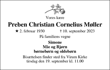 Dødsannoncen for Preben Christian Cornelius Møller - Virum