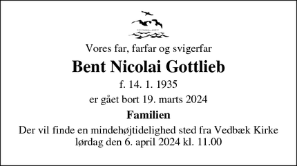 Dødsannoncen for Bent Nicolai Gottlieb - Trørød