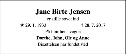 Dødsannoncen for Jane Birte Jensen - Lyngby