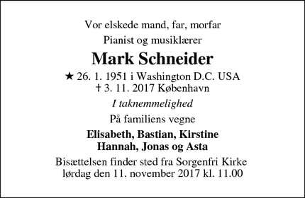 Dødsannoncen for Mark Schneider - Virum