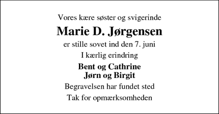Dødsannoncen for Marie D. Jørgensen - Skærbæk