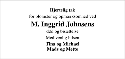 Dødsannoncen for M. Inggrid Johnsens - Højer