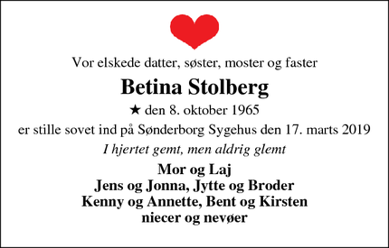 Dødsannoncen for Betina Stolberg - Løgumkloster