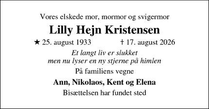 Dødsannoncen for Lilly Hejn Kristensen - Hammel