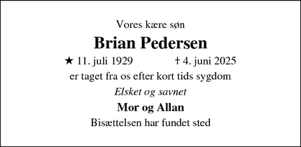 Dødsannoncen for Brian Pedersen - Skanderborg