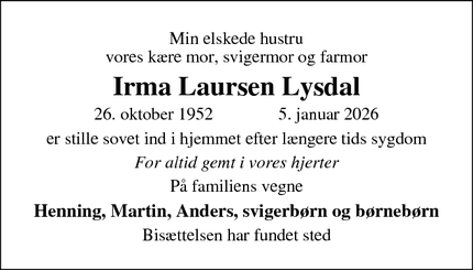 Dødsannoncen for Irma Laursen Lysdal - Skanderborg