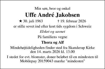 Dødsannoncen for Uffe Andr&eacute; Jakobsen - Buochs - Schweiz