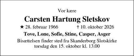 Dødsannoncen for Carsten Hartung Sletskov - Skanderborg