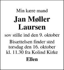 Dødsannoncen for Jan Møller
Laursen - Kolind