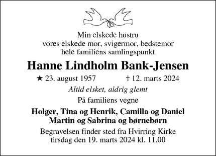 Dødsannoncen for Hanne Lindholm Bank-Jensen - Skovby, Rask Mølle