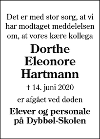 Dødsannoncen for  Dorthe Eleonore Hartmann - Augustenborg