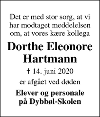 Dødsannoncen for Dorthe Eleonore Hartmann - Augustenborg