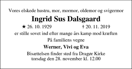 Dødsannoncen for Ingrid Sus Dalsgaard - Dragør