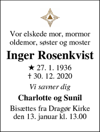 Dødsannoncen for Inger Rosenkvist - Dragør