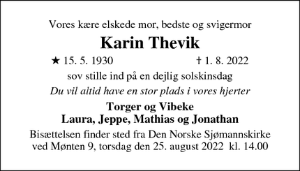 Dødsannoncen for Karin Thevik - Dragør