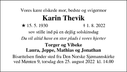 Dødsannoncen for Karin Thevik - Dragør