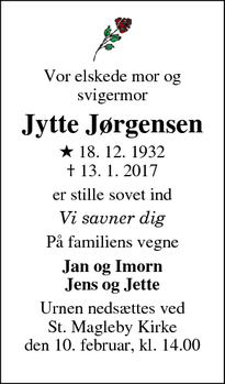 Dødsannoncen for Jytte Jørgensen - Ikast