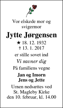 Dødsannoncen for Jytte Jørgensen - Ikast