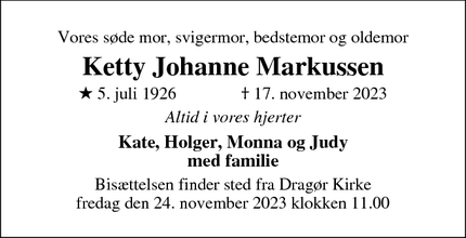 Dødsannoncen for Ketty Johanne Markussen - Dragør