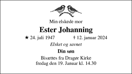 Dødsannoncen for Ester Johanning - København S
