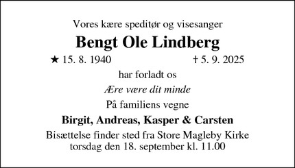 Dødsannoncen for Bengt Ole Lindberg - Dragør