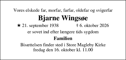 Dødsannoncen for Bjarne Wings&oslash;e - Dragør