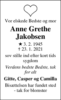Dødsannoncen for Anne Grethe Jakobsen - Ikast